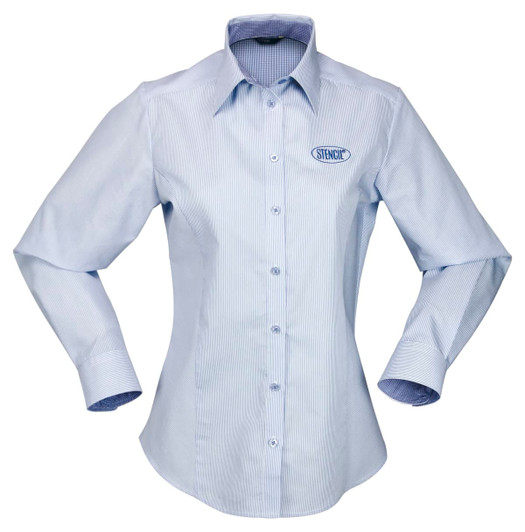 A light blue button-up shirt with long sleeves and a branded logo on the chest. Features a fitted design.