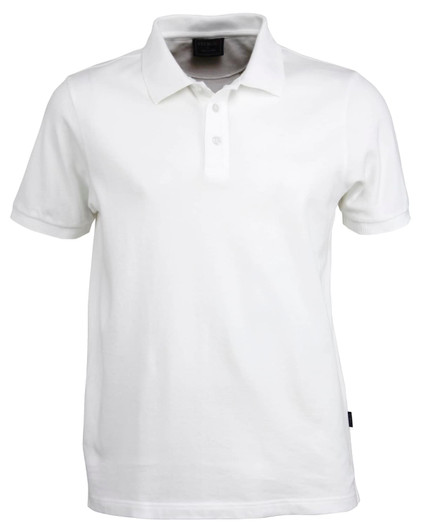 A white men's polo shirt with a collar and three-button placket, featuring a logo on the side.