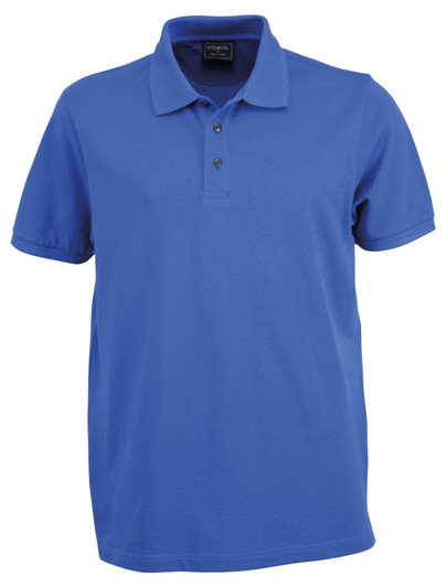 A blue men's polo shirt with a collar, featuring three buttons and short sleeves. It has a logo on the chest area.