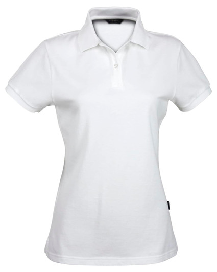 A white polo shirt for ladies with a classic collar and an accompanying logo.