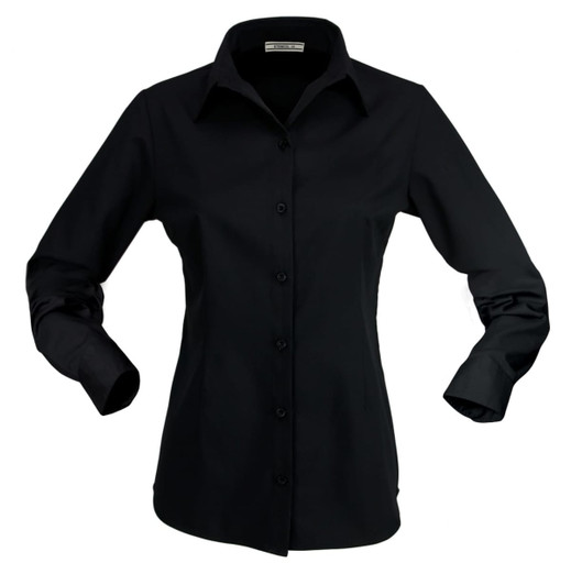 A black long-sleeve button-up shirt for ladies featuring a collar and a fitted design. It includes a logo.