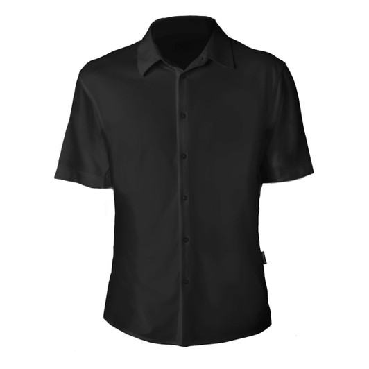 A black men's polo shirt with short sleeves and a button-up front, featuring a logo on the fabric.