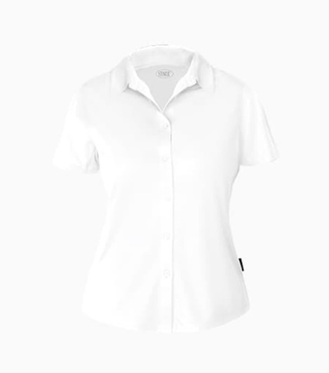 A white short-sleeve polo shirt for men, featuring a collar and a logo on the side.