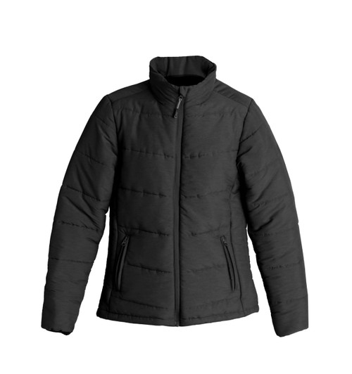 A black puffer jacket for men featuring a zip front and two side pockets, with a logo on the chest.