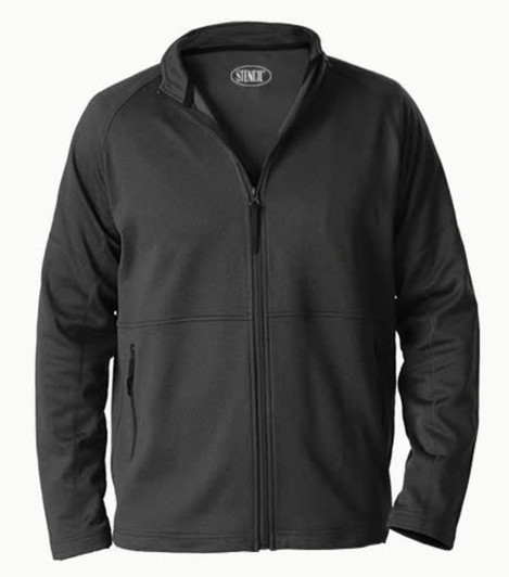 A unisex black jacket with a full zip and side pockets, featuring a logo on the collar.