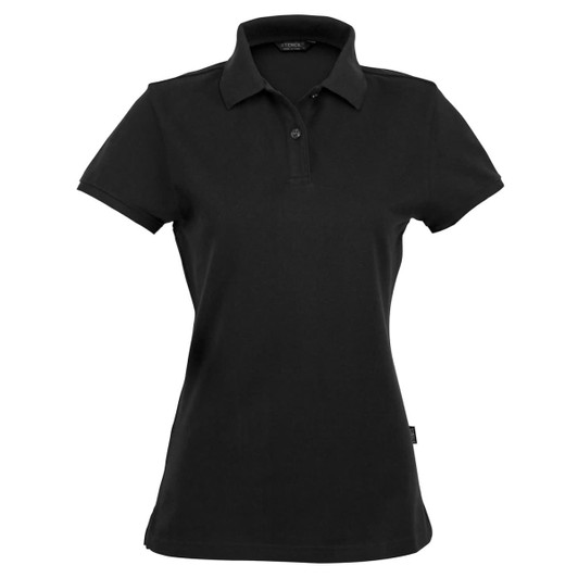 A black ladies' polo shirt featuring a collar and three buttons, with a small logo on the side.