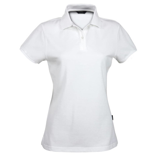 A white ladies' polo shirt featuring a collar and short sleeves, with a branding logo on the side.