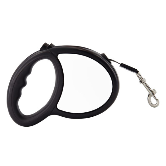 A retractable dog lead in black with a grip handle and a metal clip for attaching to a collar.