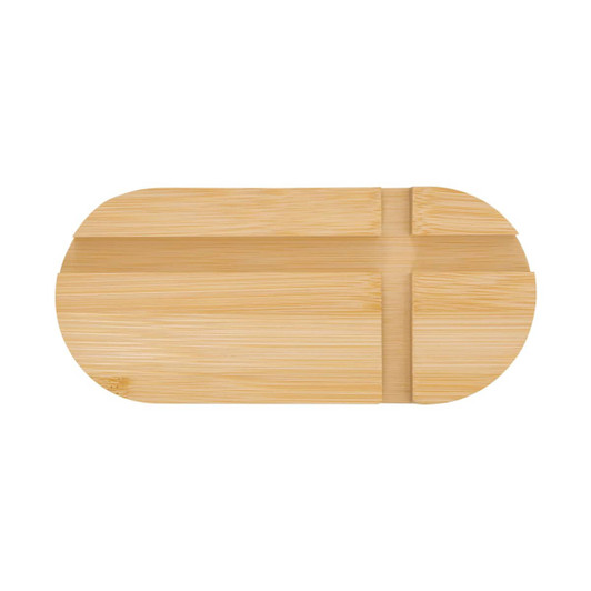 A bamboo phone stand in a smooth, natural finish with an oval shape and two grooves for support.