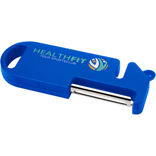A blue multi-purpose kitchen tool with a stainless steel blade and a logo on the handle.