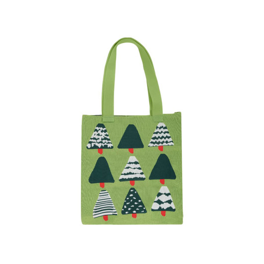 A green knitted tote bag featuring a pattern of Christmas trees in varying shades of green and white. It has two handles and a logo.