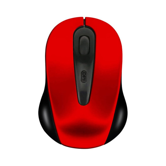 A red wireless mouse with black accents and a central scroll button, featuring a logo on the surface.
