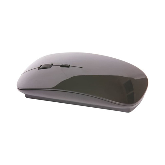 A sleek black wireless mouse with a smooth surface and scroll wheel, featuring a subtle logo.