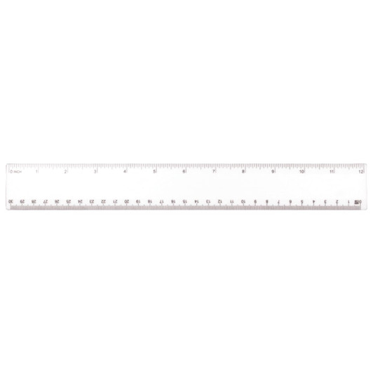 A 30cm clear plastic ruler with metric measurement markings and a branding logo.