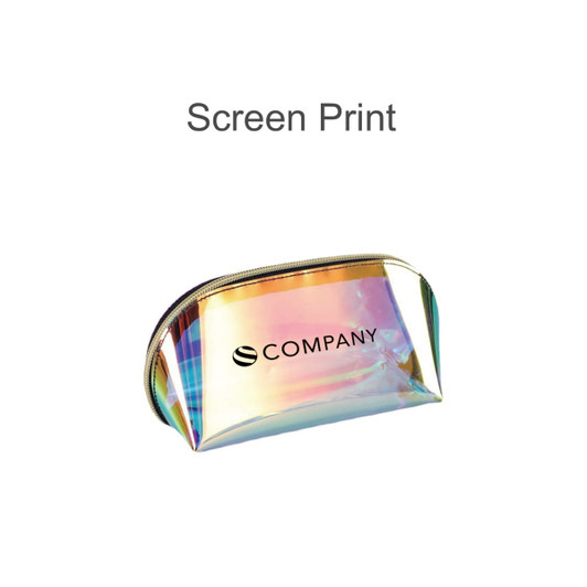 A holographic cosmetic pouch featuring a zip closure and a logo, displaying iridescent colours.