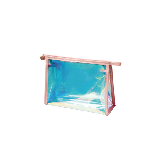 A transparent travel cosmetic bag with an iridescent finish and pink accents. It features a zip closure.