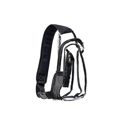 A clear bag with a black shoulder strap, featuring a zippered compartment and mesh pocket. It has a sleek, transparent design.
