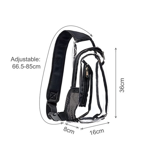 A large capacity clear bag with adjustable black shoulder strap and mesh pocket, measuring 36cm by 16cm.