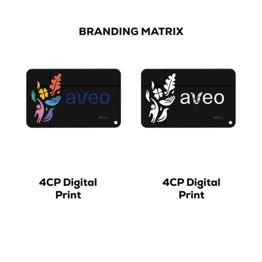 Two black card-like items with colourful floral designs, featuring the text "aveo" in different styles. Each has a branding logo.
