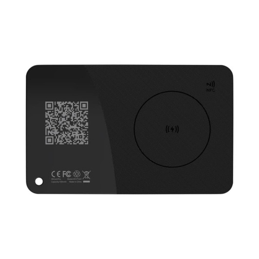 A black tracking tag with a circular design and QR code, featuring an embedded NFC logo and a branding logo.
