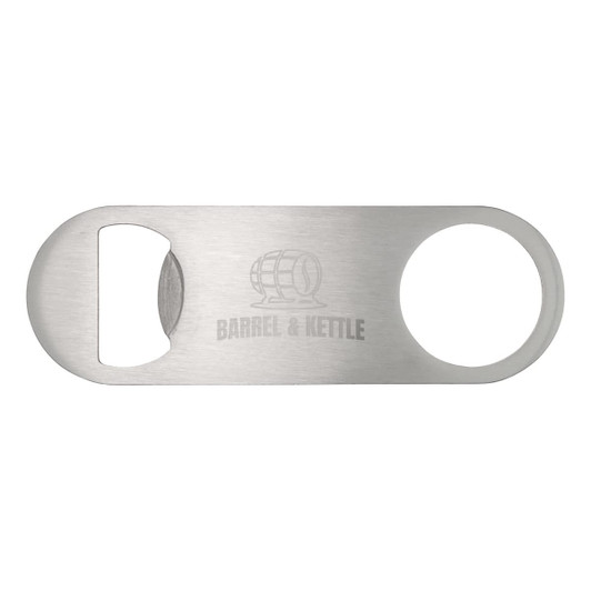A drink bottle opener in a brushed stainless steel finish with a circular hole and a logo engraved on it.