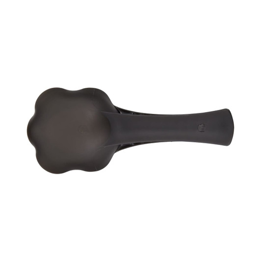 A black pet food scoop with a rounded, flower-shaped scoop end and a long handle.