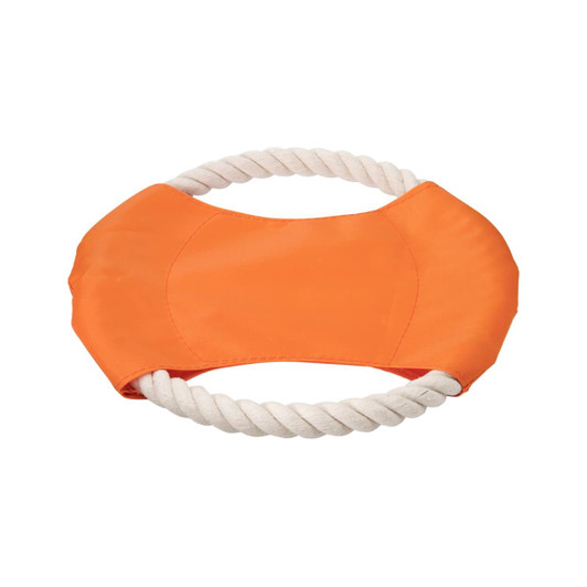 An orange fabric dog toy with a rope handle, featuring a smooth, padded centre.