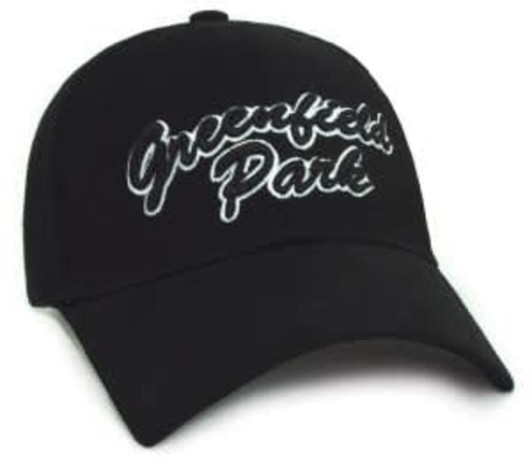 A black peak cap featuring a logo with white text. Suitable for casual wear and outdoor activities.