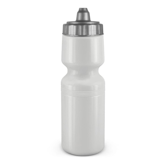 A drink bottle designed for easy grip, featuring a sleek white body and a silver cap.