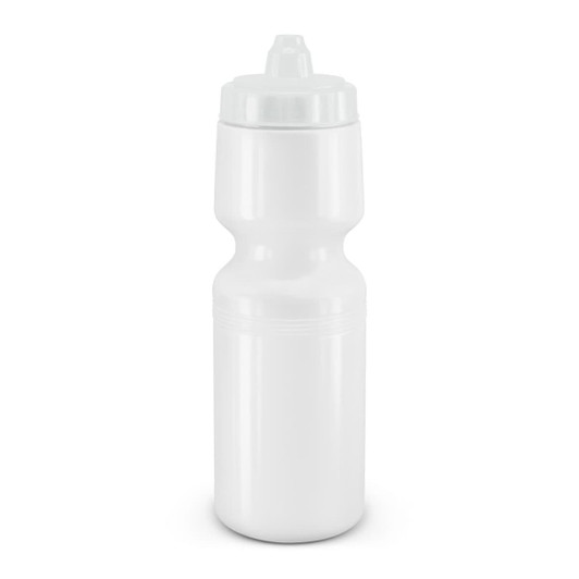 A drink bottle with a squeeze design in a solid white color, featuring a light-colored cap.