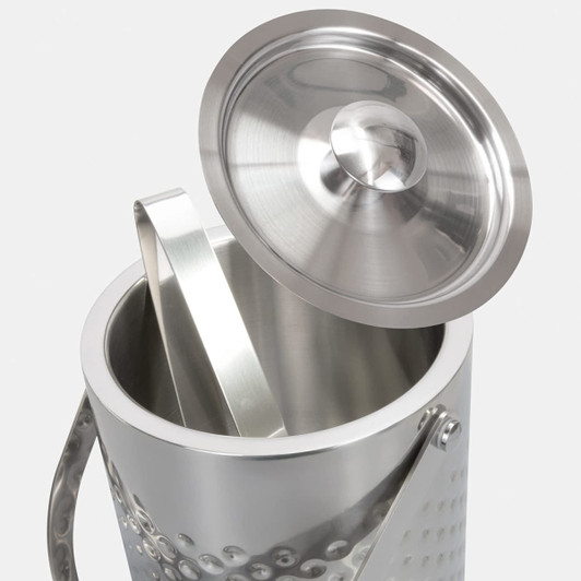 A stainless steel ice bucket with a lid and a handle, featuring a textured surface.