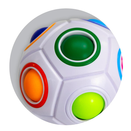 A fidget puzzle ball featuring vibrant colours like orange, green, blue, and red, with a smooth, white surface and logo.