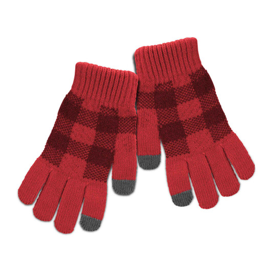 Red knitted gloves featuring a checkered pattern with grey fingertips, ideal for chilly weather. Includes a logo.