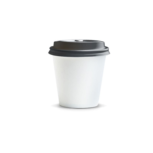 A white paper coffee cup with a black lid, sized at 180ml, featuring a logo.
