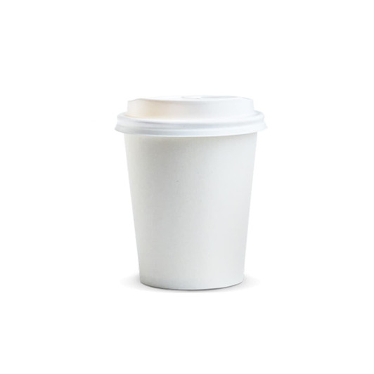 A white paper coffee cup with a lid, designed for hot beverages, and features a logo.