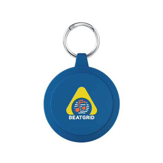 A blue keychain with a circular shape and a logo featuring musical notes and a triangle design.