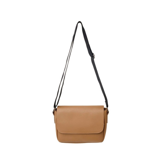 A tan polyurethane shoulder bag with a black adjustable strap and a flap closure. There is a logo on the front.