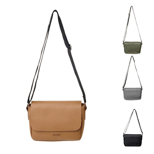 Polyurethane shoulder bag in tan with a black strap, alongside grey, olive, and black versions. Features a logo.