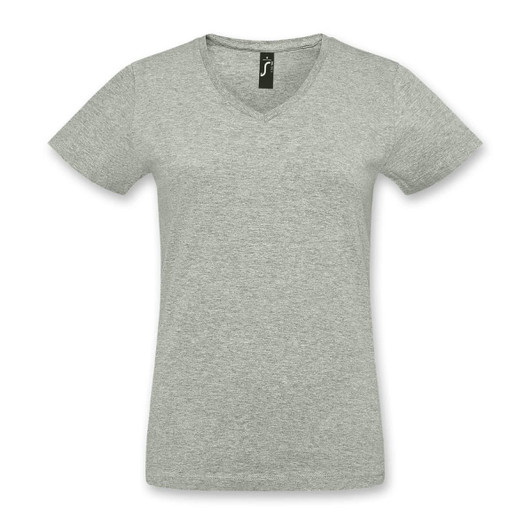 A light grey women's V-neck T-shirt featuring short sleeves and a label at the neckline.