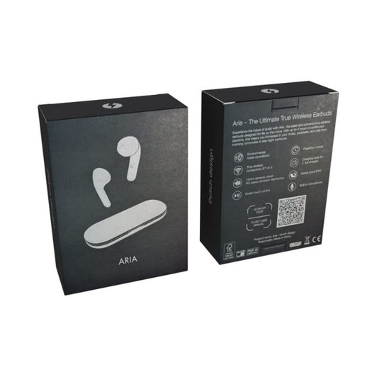 White wireless earbuds in a black box, featuring a logo and product information on the back.