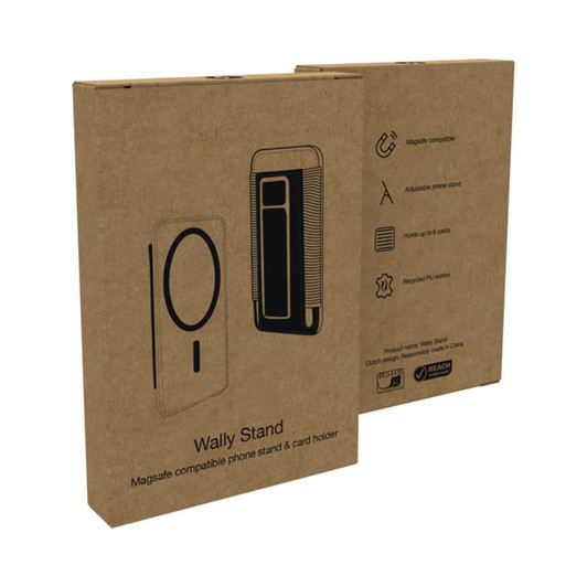 A phone stand and card holder packaged in a brown cardboard box, featuring a logo and product details.