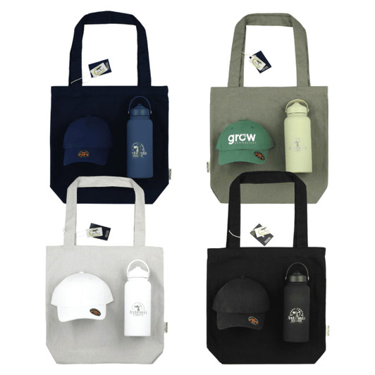 A tote bag in various colours with a drink bottle and caps, featuring logos on the bottle and caps.