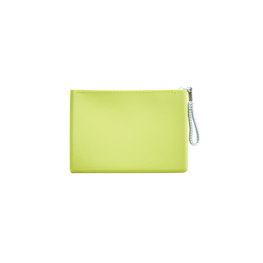 A yellow silicone cosmetic pouch with a textured surface and a silver bead chain zipper.