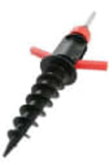 A black and red screw-in base product with a spiral design and a small handle. It features a logo on its surface.