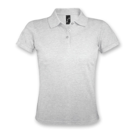 A light grey women's polo shirt with short sleeves and a collar, featuring a logo on the chest area.