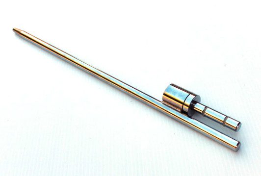 A metal ground spike with a cylindrical body and a long, pointed rod for securing items in place.