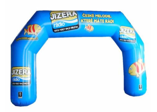 An inflatable air arch in bright blue with fish graphics and a logo. Measures 3m in height.