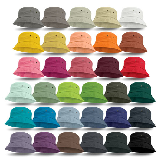 A collection of Bondi Bucket Hats in various colours, showcasing multiple styles and a logo on each hat.