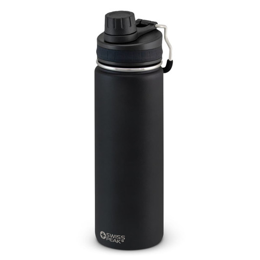 A drink bottle in matte black with a screw-on lid and a metal clip, featuring a logo on the side.