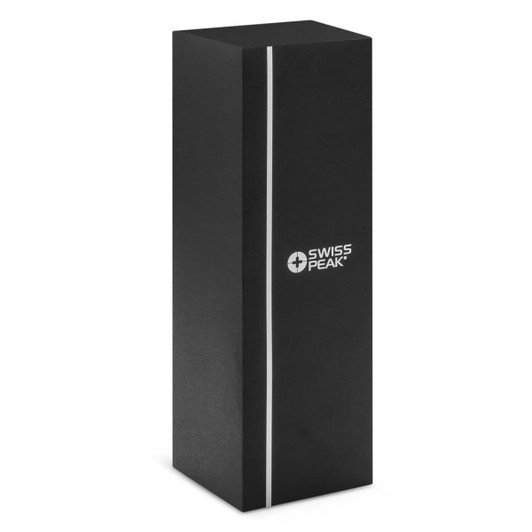 A drink bottle in a sleek black box, featuring a logo and a minimalistic design.